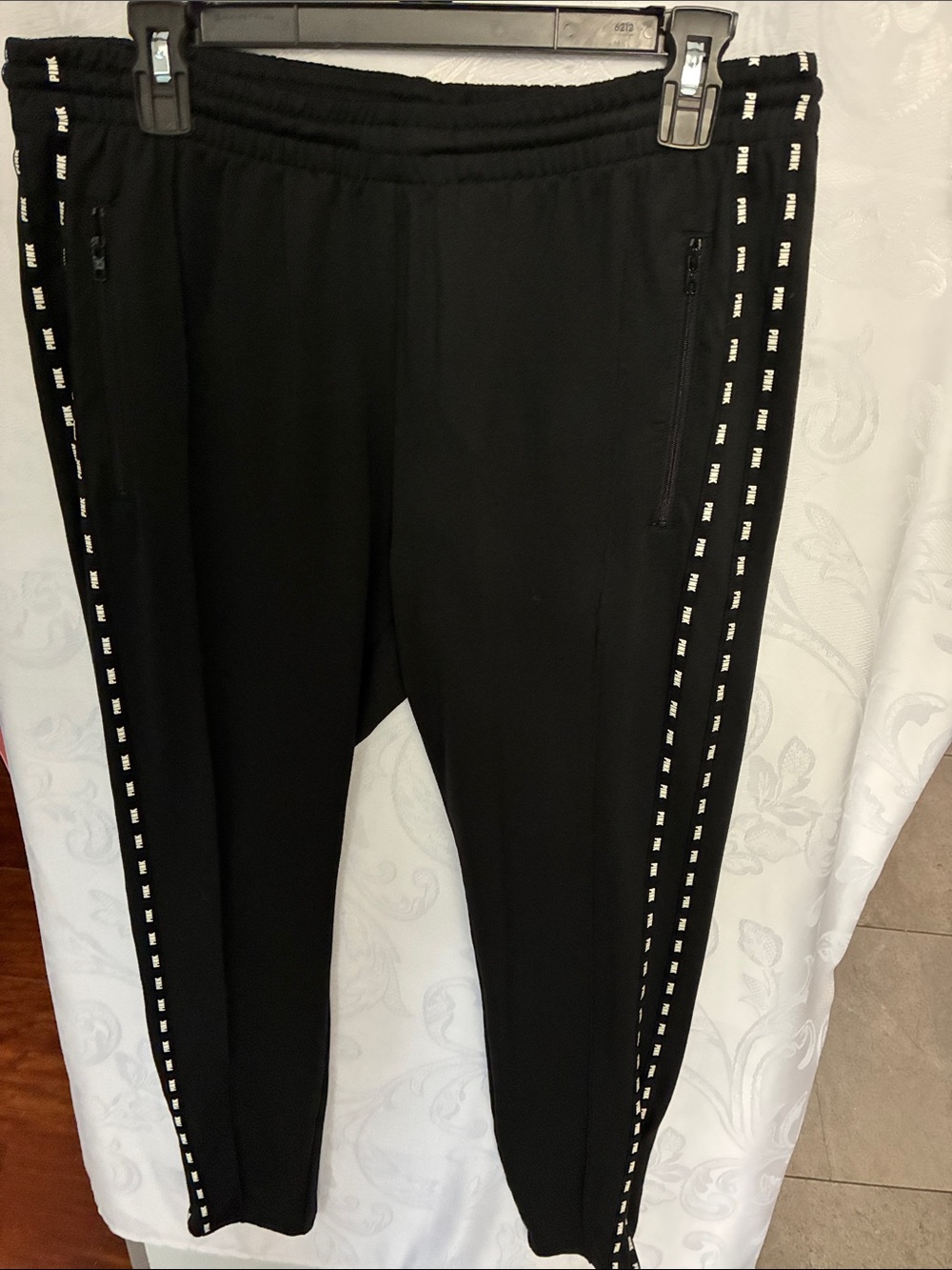 PINK Victoria's Secret Black Jogger Pants with White Logo Side Tape